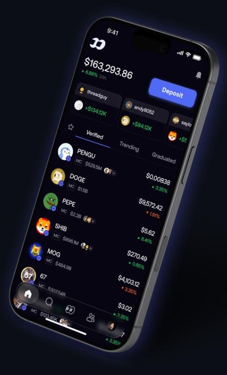 Fomo mobile app showing portfolio balance, Deposit button and the Verified token list