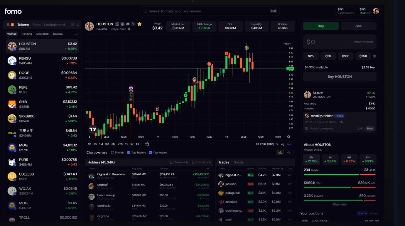 Fomo web app with Verified, Trending, Most held and Gainers filters and the buy ticket showing the order fee