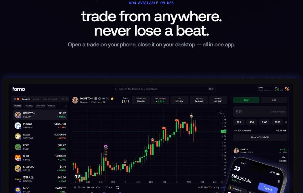 Fomo social trading web platform with tokens, feed and leaderboard tabs
