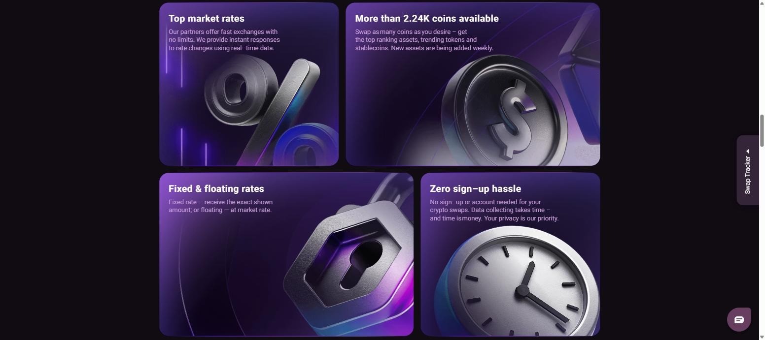 SwapSpace features: top market rates, 2.24K coins, fixed and floating rates and zero sign-up