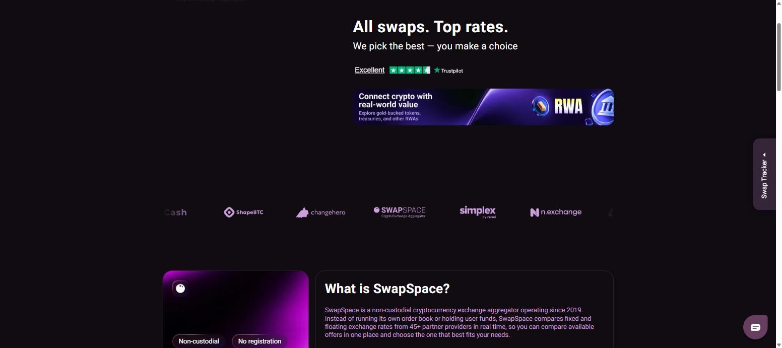 SwapSpace homepage with Trustpilot Excellent rating and partner exchange logos