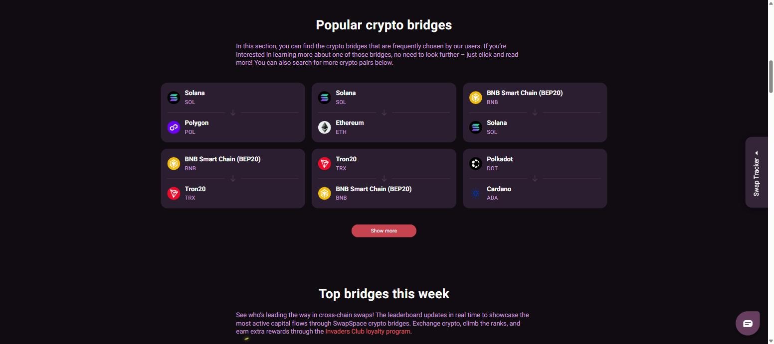 Popular SwapSpace crypto bridges including Solana to Polygon, Solana to Ethereum and BNB to Tron