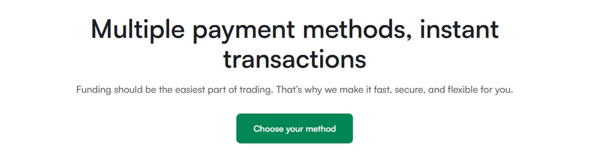 XMTrading deposits page promising multiple payment methods and instant transactions